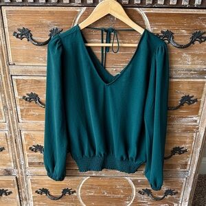 Elegant Dark Green Ina Chiffon Smocked Bottom Blouse Long Sleeve Blouse